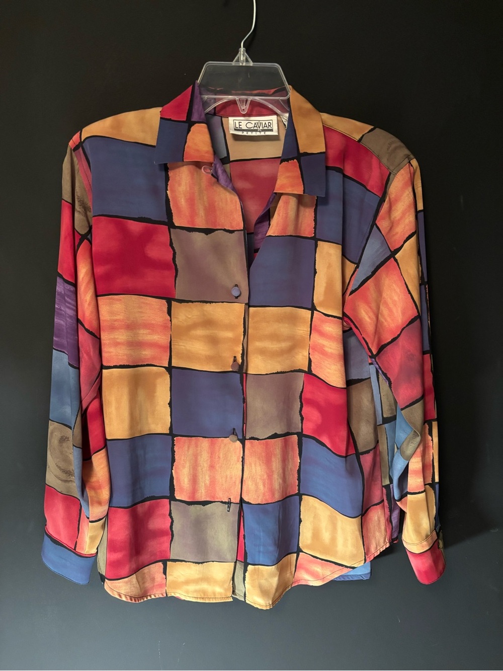 Le Caviar Colorblock Silk Button-Up — Red, Gold, Blue, Purple